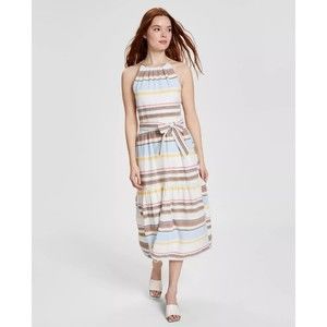 DKNY Women’s Cotton Halter-Neck Midi Belt Dress Ivory Multicolor Size 4 NWT $139